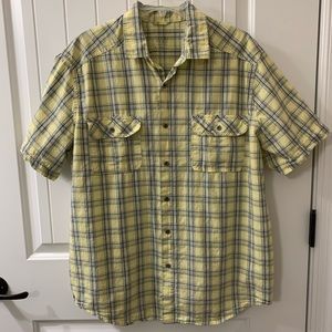 Ocean & Coast Button Up plaid yellow blue short sleeve shirt cotton L